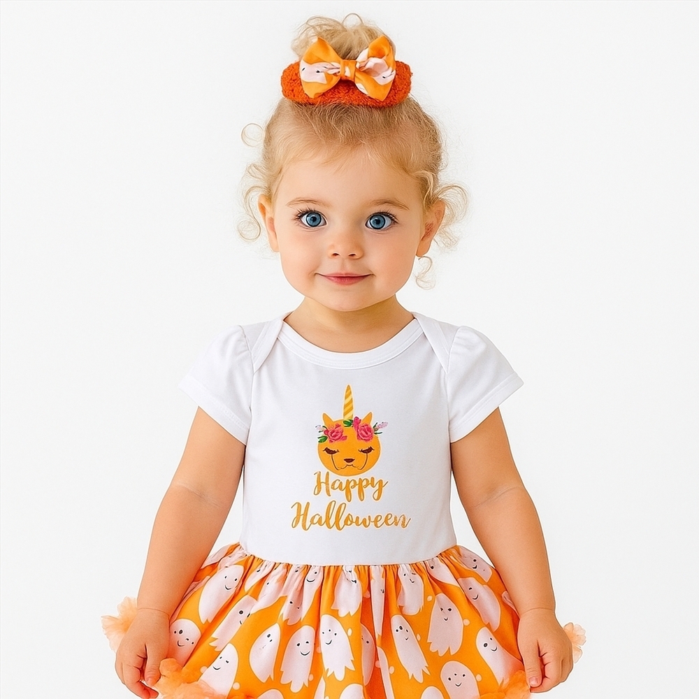 Halloween Tutu Outfit Orange White Ghost Set Bow Headband 9 12M